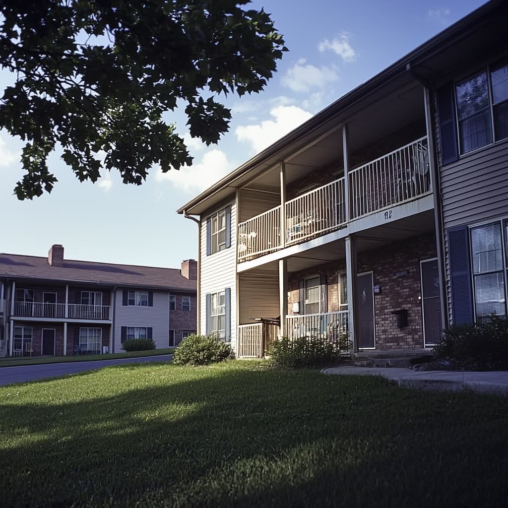 Two-story apartment building with covered front porches and a green lawn, seen in soft sunlight with nearby trees.