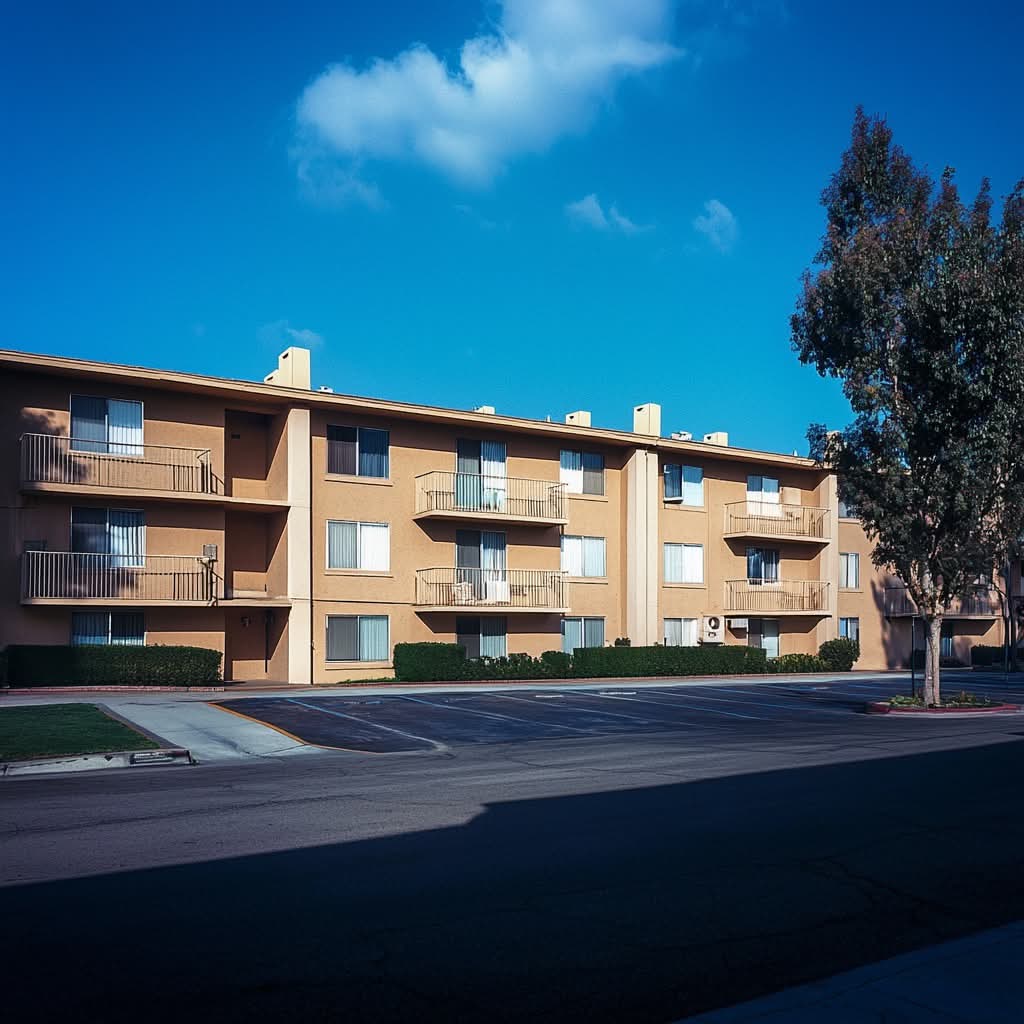 Modern three-story apartment building with balconies, surrounded by a parking lot and trees under a bright blue sky.